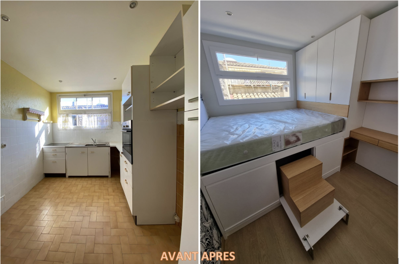 avant apres transformation cuisine en chambre